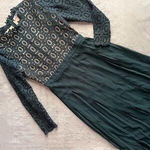 Ivy City Co. Arabella Lace Midi Pleated Skirt Dress Hunter Green Medium Sz M